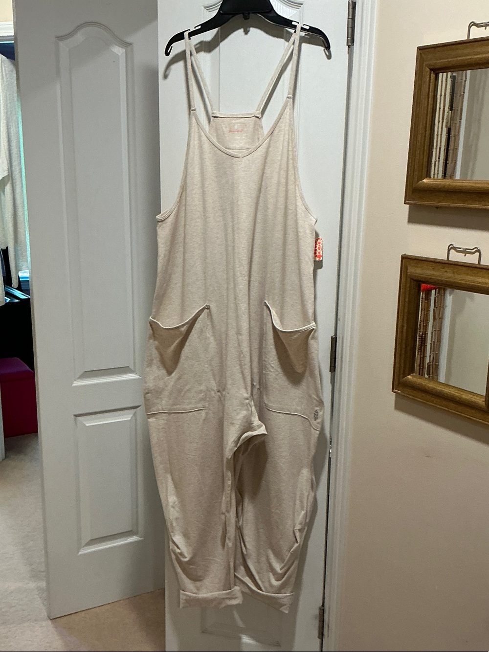 Beige Sleeveless Linen-Blend Jumpsuit/Onesie with Pockets.
